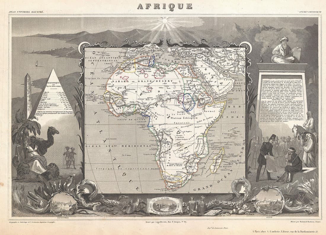 Carte de l'Afrique dressée par Victor Levasseur vers 1847, encadrée de vignettes gravées.