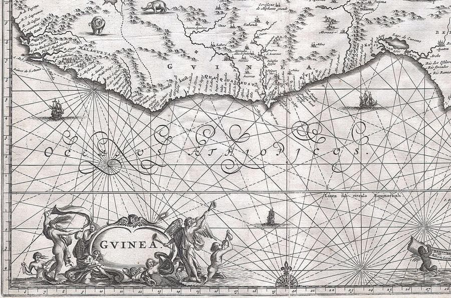 Carte de la côte ouest-africaine publiée par John Ogilby en 1670, ornée d'un cartouche illustré.