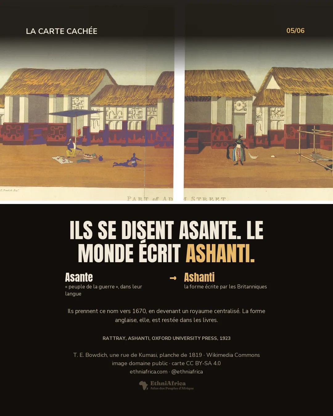 une gravure coloriée en deux panneaux montrant une rue de Kumasi : des maisons à toit de chaume et à murs blancs couverts de reliefs géométriques rouges et bleus, un marchand assis devant de petites balances, et à droite un tisserand à son métier