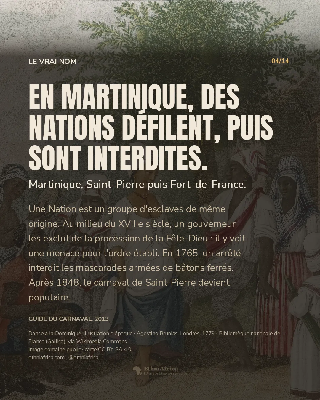 Une gravure coloriée : à l'ombre d'un arbre à pain, une femme en jupe bleue relevée et un homme au foulard rouge dansent face à face, entourés de personnes en foulards rayés dont un tambourinier assis et une joueuse de tambourin ; une maison à toit rouge à droite.