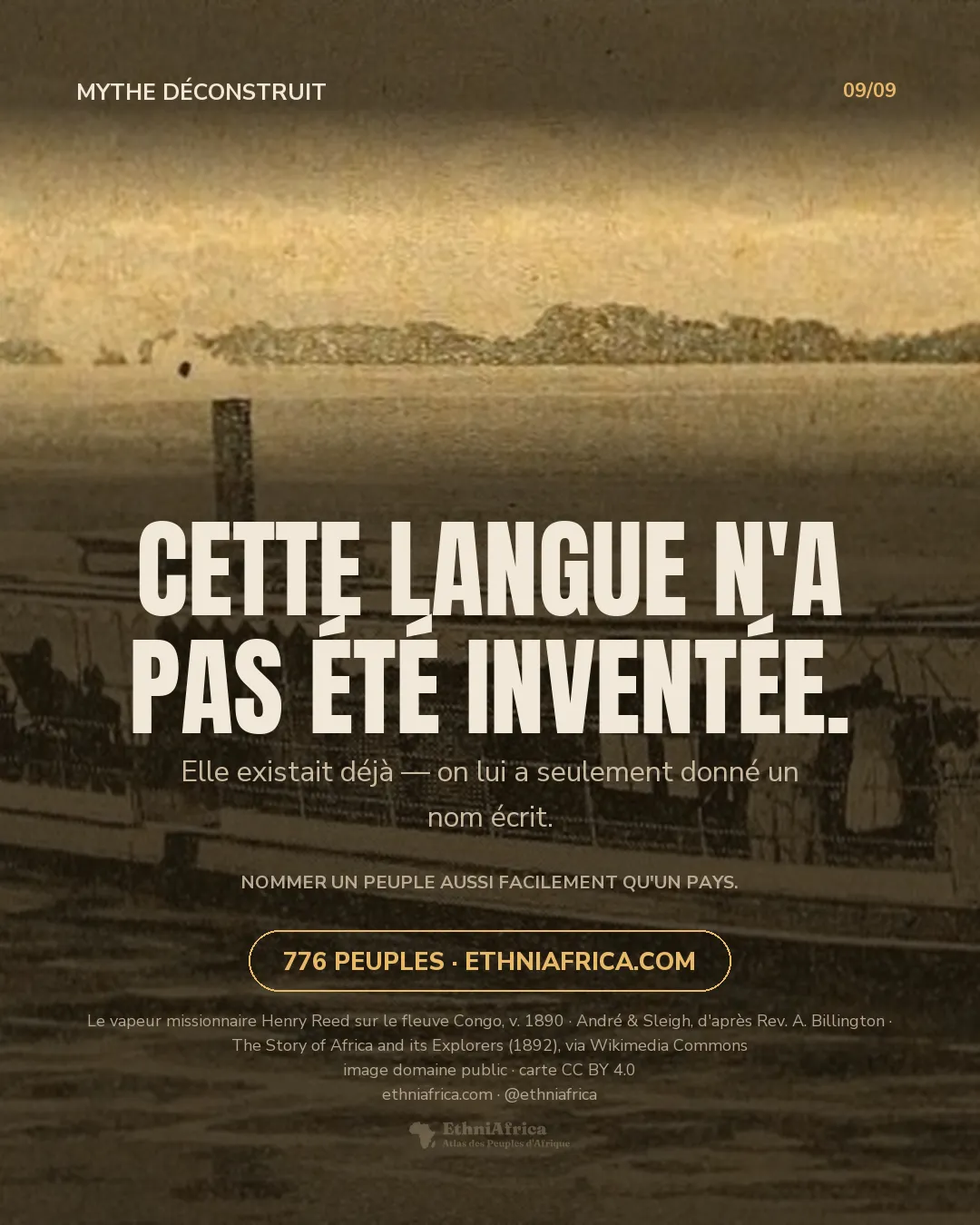 Gravure d'un vapeur fluvial à aubes, bâché et pavoisé, remontant un large fleuve avec des passagers à son bord, une rive boisée à l'horizon.